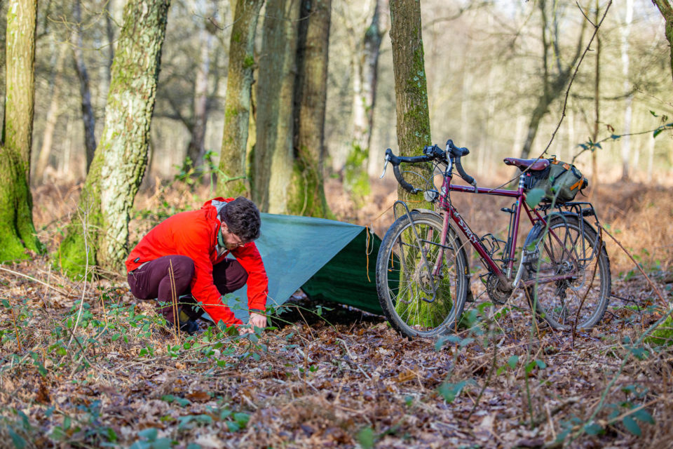 Using Bike to setup tarp shelter