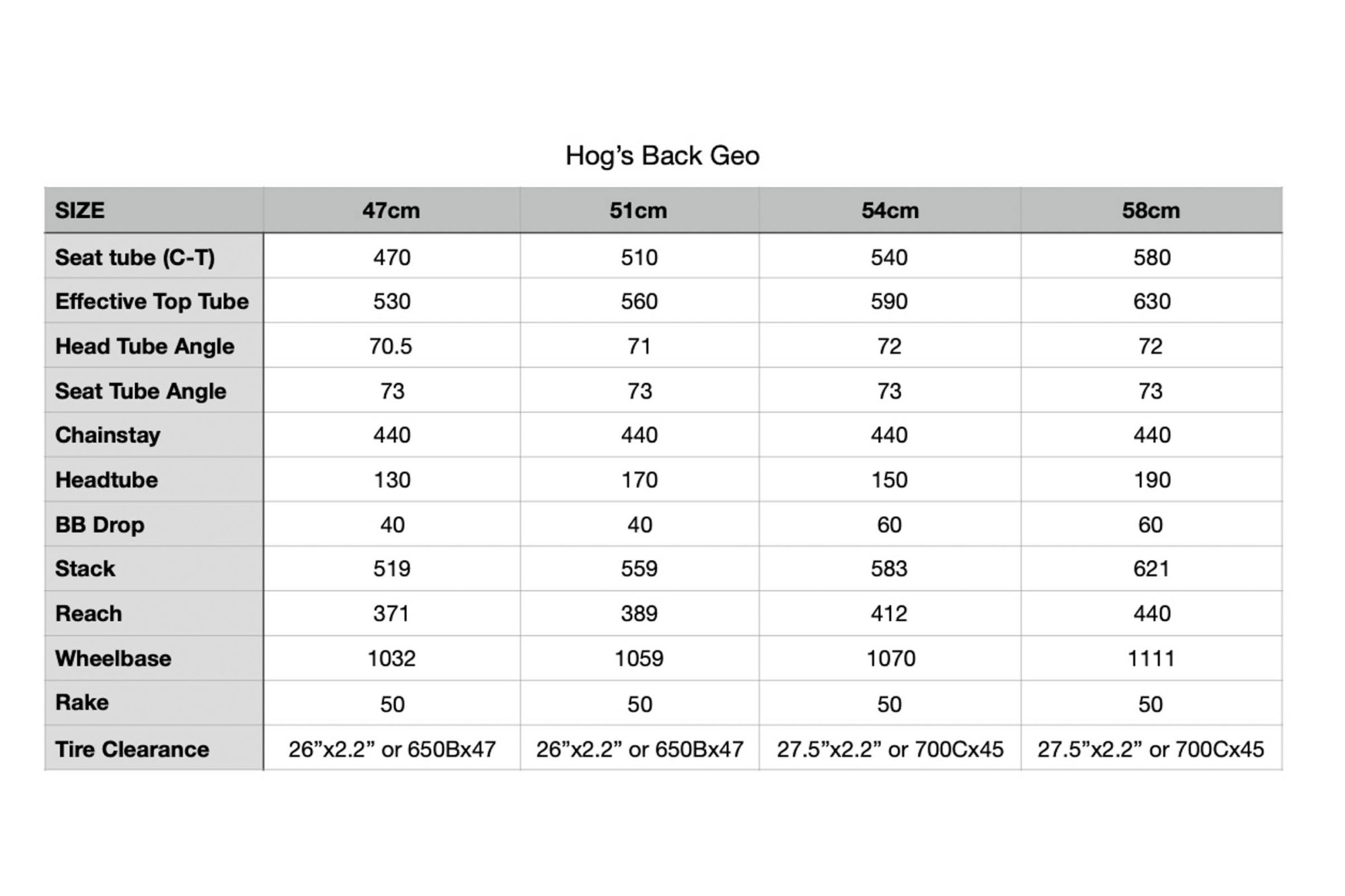 Bassi Hogs Back Geometry Chart