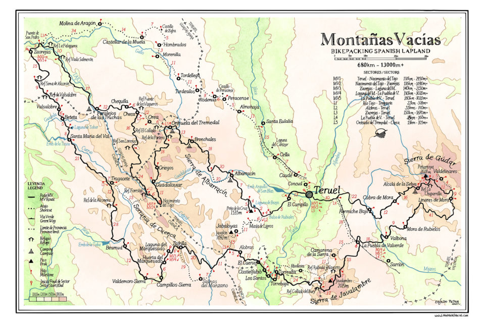 Hand-drawn Map of Montanas Vacias Bikepacking Route